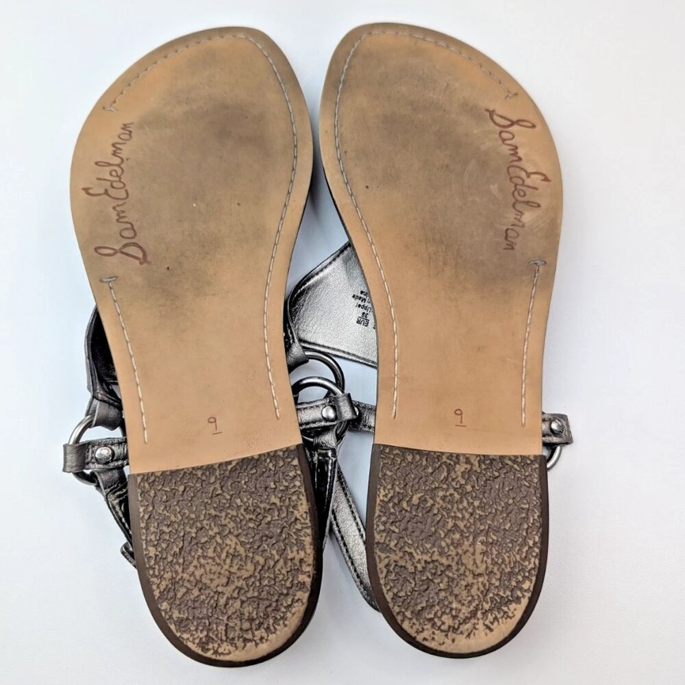 Sam Edelman 9M Greta Light Gold Metallic Leather T Strap Flat Sandals - Picture 6 of 6
